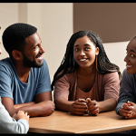 A diverse group of people in a small group setting, sharing stories and supporting each other. Focus on expressions of empathy and understanding.
