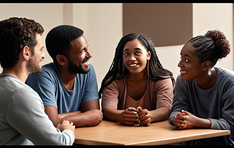 A diverse group of people in a small group setting, sharing stories and supporting each other. Focus on expressions of empathy and understanding.