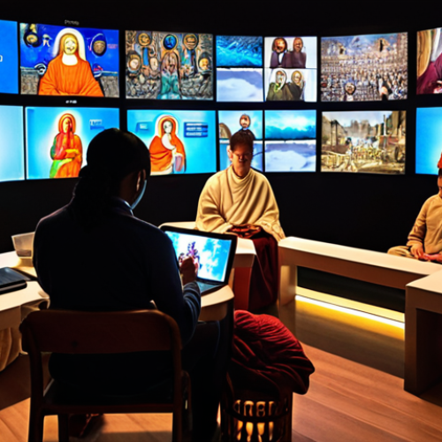 Home 18 A diverse group of people from around the world engaging in spiritual devotion through various digital devices like smartphones, tablets, and laptops. Show individuals in different settings – a peaceful home, a remote location, a busy city – all connected through glowing screens, emphasizing accessibility, global reach, and personal solace in faith. The imagery should convey a sense of calm and widespread spiritual connection, blending modern technology with ancient belief.