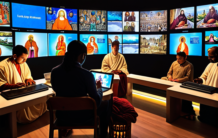 A diverse group of people from around the world engaging in spiritual devotion through various digital devices like smartphones, tablets, and laptops. Show individuals in different settings – a peaceful home, a remote location, a busy city – all connected through glowing screens, emphasizing accessibility, global reach, and personal solace in faith. The imagery should convey a sense of calm and widespread spiritual connection, blending modern technology with ancient belief.