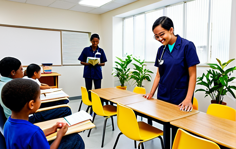 A diverse group of individuals, including children, young adults, and adult volunteers, are engaged in various acts of community service within a bright, clean, and modern community center. Some are participating in a literacy class, attentively reading books and interacting positively. Others are receiving basic health checks from a modest-dressed healthcare volunteer, showcasing care and support. In the background, a small indoor vertical garden demonstrates sustainable living. All individuals are fully clothed in appropriate, modest, and practical attire suitable for community work. The setting is a well-lit, inclusive, and welcoming community center with clean walls and simple, functional furniture. Perfect anatomy, correct proportions, natural poses, well-formed hands, proper finger count, natural body proportions. Professional photography, high-quality, vibrant colors, safe for work, appropriate content, fully clothed, professional, family-friendly.