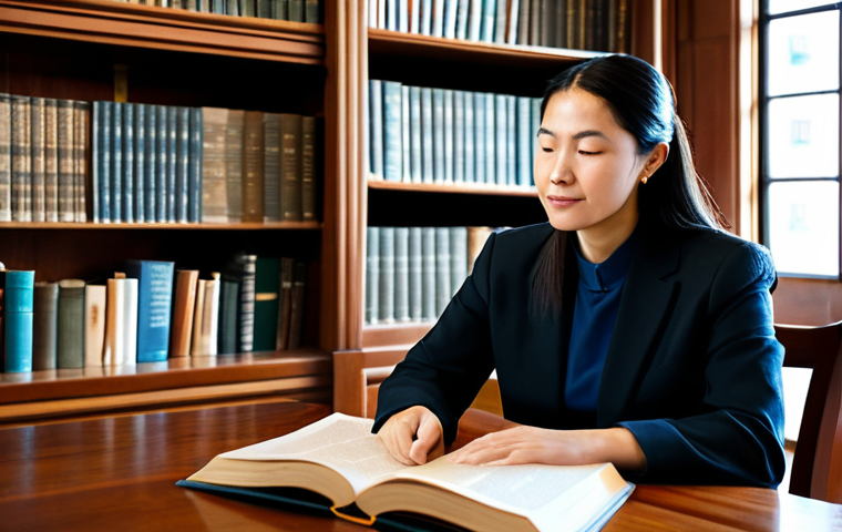 A serene professional individual, fully clothed in modest business attire, sits thoughtfully at a polished wooden desk in a modern, sunlit library. An open book with ancient script rests before them, symbolizing timeless wisdom and guidance amidst global uncertainties. The atmosphere is calm and reflective, conveying a sense of inner peace and hope. Behind them, blurred bookshelves filled with volumes. Perfect anatomy, correct proportions, natural pose, well-formed hands, proper finger count, natural body proportions. Professional photography, high-quality, safe for work, appropriate content, fully clothed, modest, family-friendly.