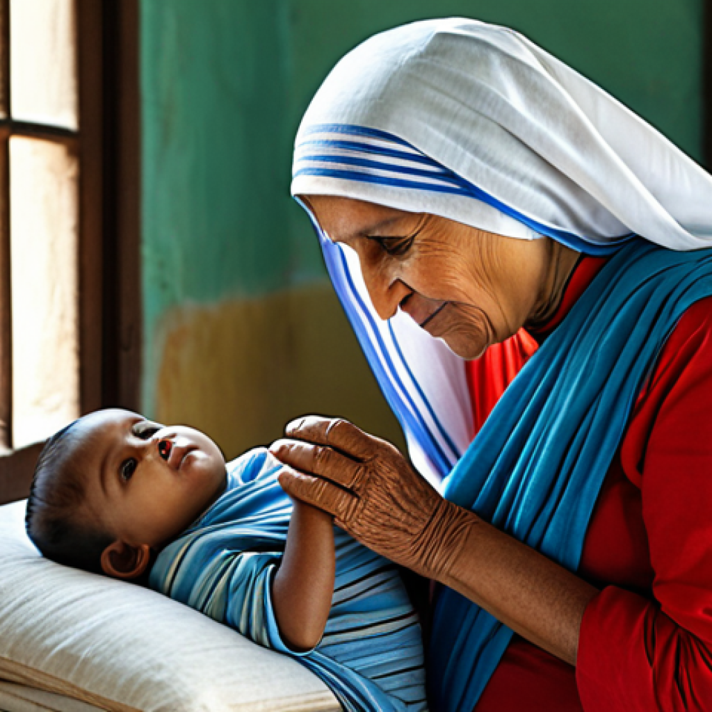 ** A serene portrait of Mother Teresa in a modest, fully clothed sari, caring for a child in a humble setting. Soft, natural light, safe for work, appropriate content, professional, modest, family-friendly, perfect anatomy, correct proportions, natural pose, well-formed hands, proper finger count, natural body proportions.
**
