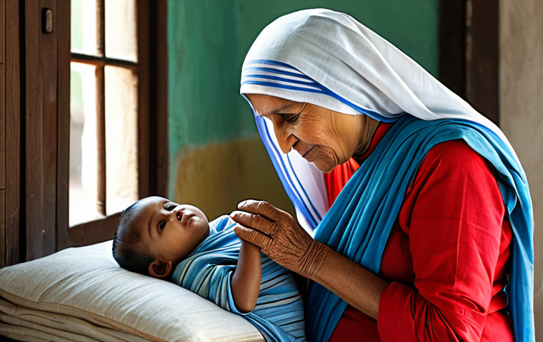 ** A serene portrait of Mother Teresa in a modest, fully clothed sari, caring for a child in a humble setting. Soft, natural light, safe for work, appropriate content, professional, modest, family-friendly, perfect anatomy, correct proportions, natural pose, well-formed hands, proper finger count, natural body proportions.

**