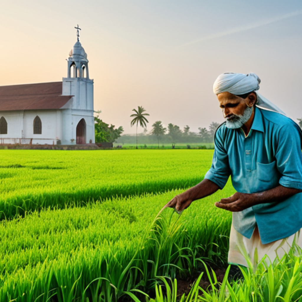 **
A serene landscape depicting a farmer in traditional Indian clothing, tending to a lush green field at sunrise. In the background, a simple church stands peacefully. The scene emphasizes the connection between faith and labor, with bright, hopeful lighting. Fully clothed, appropriate content, safe for work, professional, modest, perfect anatomy, natural proportions, well-formed hands, proper finger count, natural body proportions.
**