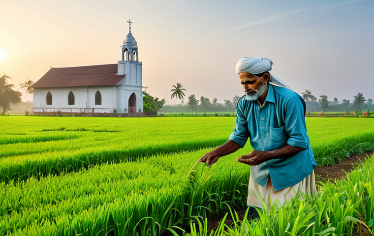 **

A serene landscape depicting a farmer in traditional Indian clothing, tending to a lush green field at sunrise. In the background, a simple church stands peacefully. The scene emphasizes the connection between faith and labor, with bright, hopeful lighting. Fully clothed, appropriate content, safe for work, professional, modest, perfect anatomy, natural proportions, well-formed hands, proper finger count, natural body proportions.

**