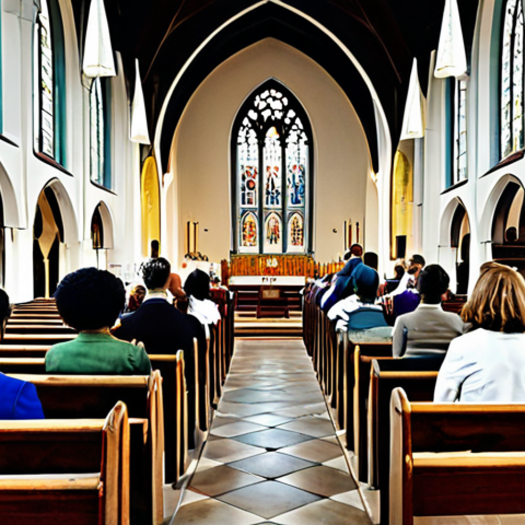 **
"A diverse group of fully clothed people inside a church, participating in a service, appropriate attire, safe for work. The scene includes stained glass windows and traditional church architecture. Depict a sense of community and shared faith. professional, modest, family-friendly, perfect anatomy, natural proportions, well-formed hands, proper finger count."
**
