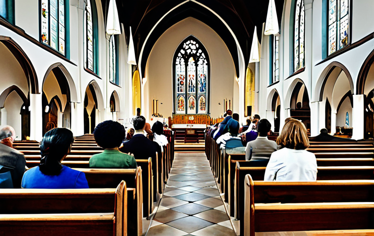 **

"A diverse group of fully clothed people inside a church, participating in a service, appropriate attire, safe for work. The scene includes stained glass windows and traditional church architecture. Depict a sense of community and shared faith. professional, modest, family-friendly, perfect anatomy, natural proportions, well-formed hands, proper finger count."

**