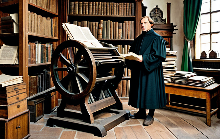 Martin Luther and the Printing Press**

"Martin Luther, a determined German theologian, stands beside a vintage printing press, fully clothed in modest scholarly attire, safe for work, appropriate content, professional setting, surrounded by stacks of newly printed pamphlets, interior of a 16th-century print shop, perfect anatomy, natural proportions, historic setting, family-friendly, high quality."

**