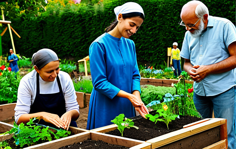"A hopeful scene depicting people of different faiths working together in a community garden, symbolizing religious tolerance and understanding, fully clothed, appropriate content, safe for work, professional, modest, family-friendly, perfect anatomy, correct proportions, natural pose, well-formed hands, proper finger count, natural body proportions."