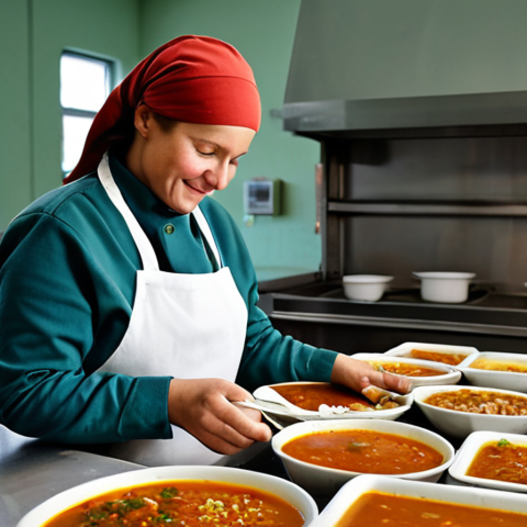 기독교적 인간관 - Compassionate Service**
A kind woman, fully clothed in modest attire, volunteering at a soup kitche...