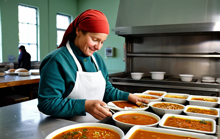 기독교적 인간관 - Compassionate Service**
A kind woman, fully clothed in modest attire, volunteering at a soup kitche...