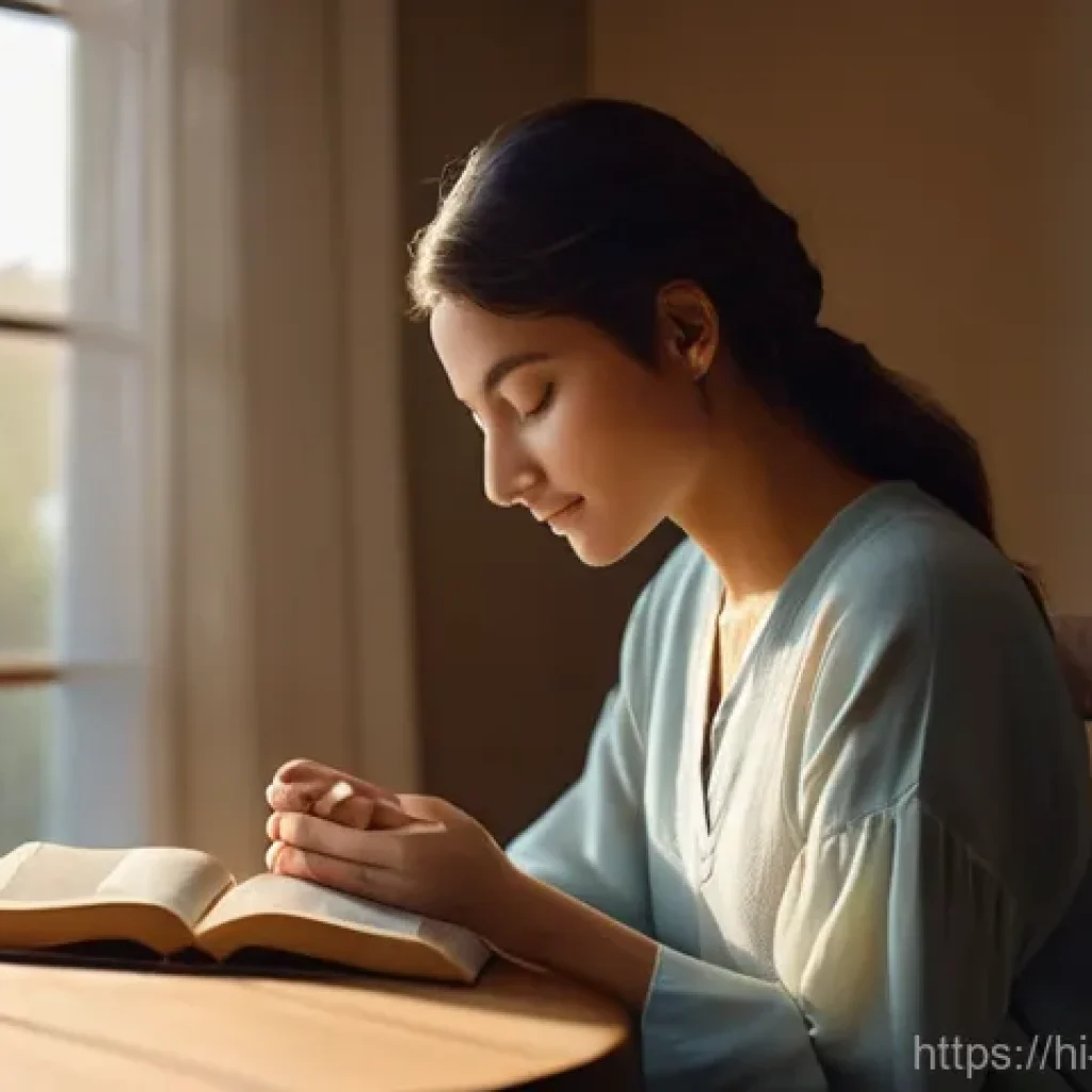 기독교와 내적 성찰 - **Prompt:** A serene and peaceful woman in her late 20s to early 30s, with a gentle smile, sitting c...