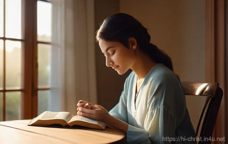 기독교와 내적 성찰 - **Prompt:** A serene and peaceful woman in her late 20s to early 30s, with a gentle smile, sitting c...