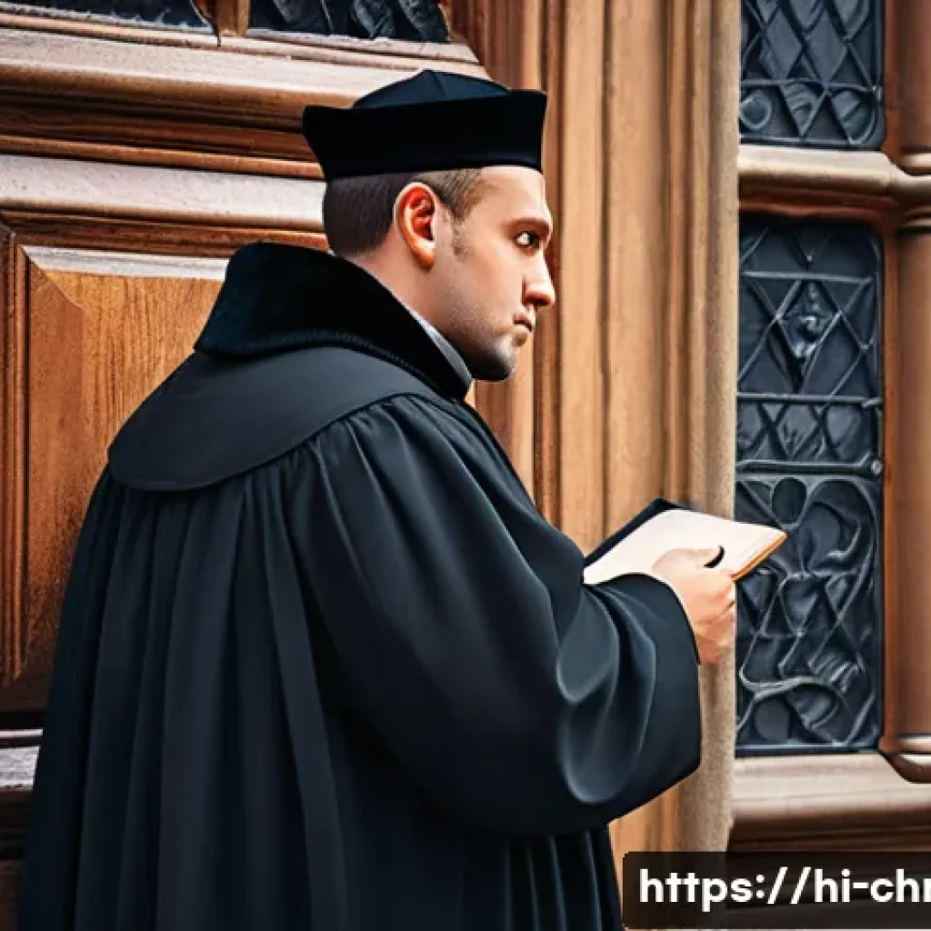 루터의 95개조 반박문 - **Prompt:** A historically accurate depiction of Martin Luther, a robust monk, in his early 30s, dil...