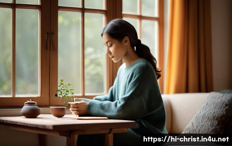 기독교와 경건 서적 - **Prompt 1: Inner Peace Through Devotion**
    A serene, diverse adult individual, dressed in modest...