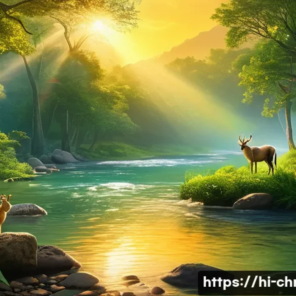 기독교의 세계관 - A serene, detailed landscape of nature symbolizing divine creation, featuring lush green trees, flow...