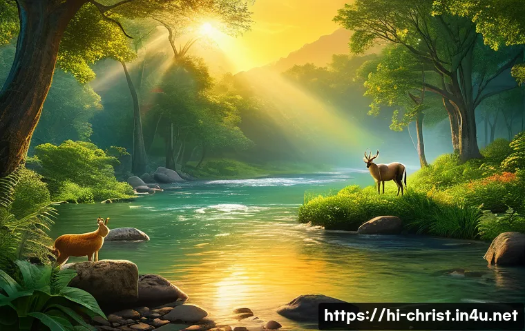 기독교의 세계관 - A serene, detailed landscape of nature symbolizing divine creation, featuring lush green trees, flow...