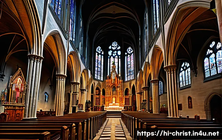 기독교와 세계 변화 - A majestic European cathedral interior showcasing intricate stained glass windows depicting biblical...