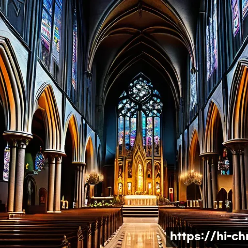 기독교 미술과 건축 - A majestic Gothic cathedral interior bathed in soft, colorful light filtering through intricate stai...