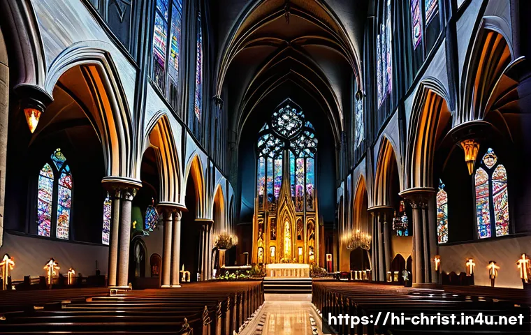 기독교 미술과 건축 - A majestic Gothic cathedral interior bathed in soft, colorful light filtering through intricate stai...