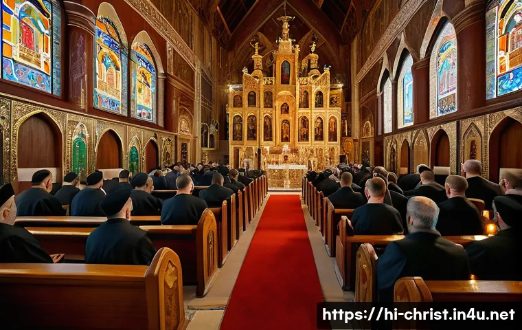 현대 기독교의 분열 - A vibrant scene inside a traditional Orthodox Christian church during a solemn ceremony: richly deco...