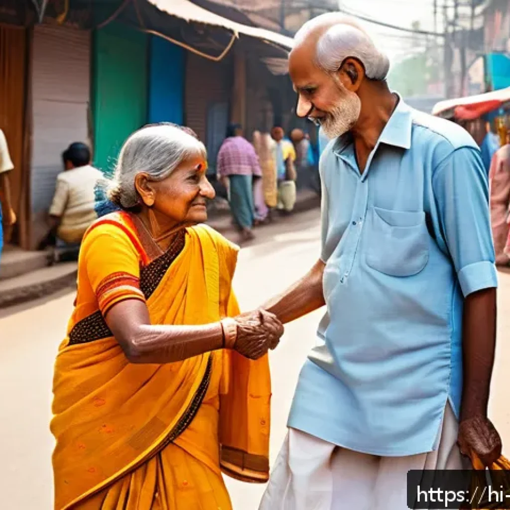 기독교의 봉사 정신 - A warm, heartfelt scene depicting a middle-aged Indian man helping an elderly woman cross a busy str...
