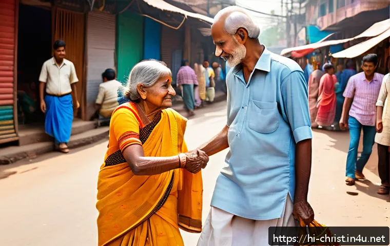 기독교의 봉사 정신 - A warm, heartfelt scene depicting a middle-aged Indian man helping an elderly woman cross a busy str...