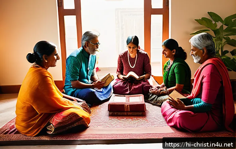 기독교와 가정교회 - A warm, intimate Indian family gathered in a cozy living room, sitting together in a circle on tradi...