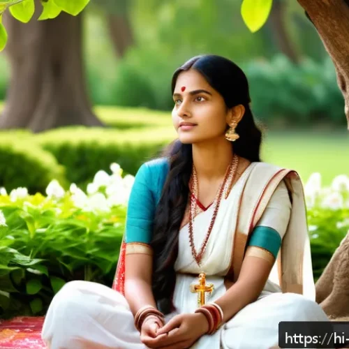 기독교와 문학 - A serene scene depicting a young Indian woman dressed modestly in traditional attire, sitting peacef...