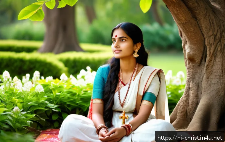 기독교와 문학 - A serene scene depicting a young Indian woman dressed modestly in traditional attire, sitting peacef...