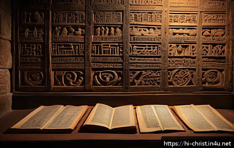 기독교와 비밀 결사 - A mysterious ancient chamber filled with old religious manuscripts and cryptic symbols on stone wall...