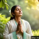 기독교와 영적 자산 - A serene Indian woman meditating peacefully outdoors during early morning, surrounded by soft golden...
