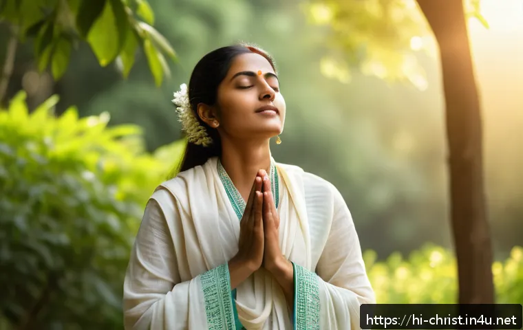 기독교와 영적 자산 - A serene Indian woman meditating peacefully outdoors during early morning, surrounded by soft golden...