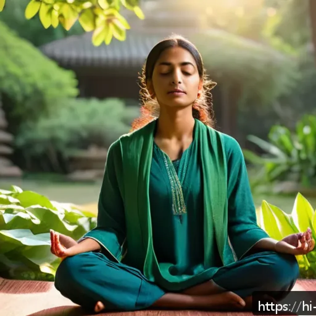 기독교와 훈련 프로그램 - A serene scene of a young Indian woman meditating outdoors in a lush garden during early morning lig...