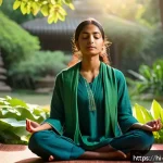 기독교와 훈련 프로그램 - A serene scene of a young Indian woman meditating outdoors in a lush garden during early morning lig...