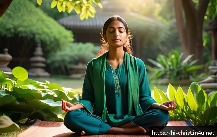 기독교와 훈련 프로그램 - A serene scene of a young Indian woman meditating outdoors in a lush garden during early morning lig...
