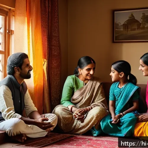 기독교와 갈등 해결 - A warm, intimate scene of a diverse Indian family sitting together in a cozy living room, engaging i...