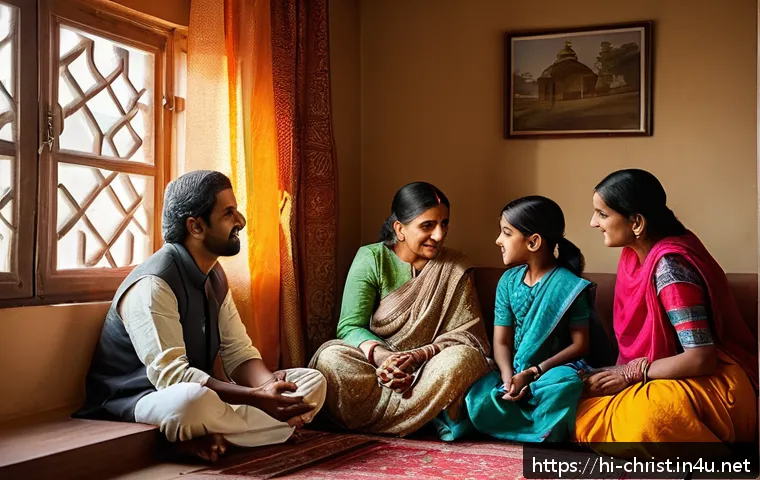 기독교와 갈등 해결 - A warm, intimate scene of a diverse Indian family sitting together in a cozy living room, engaging i...
