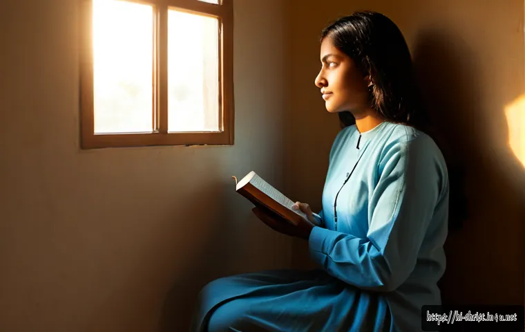 기독교의 영성 훈련 - Photorealistic Indian Christian woman in modest everyday clothing sitting quietly beside a sunlit wi...