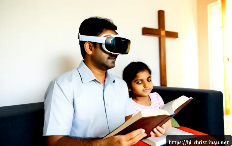 기독교와 가상현실 VR - Photorealistic Indian Christian family in a bright, peaceful living room, an adult wearing a sleek v...